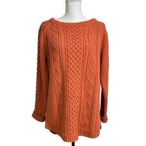 L.L. Bean Signature Women’s Cotton Fisherman Tunic Sweater L Orange Cable Knit